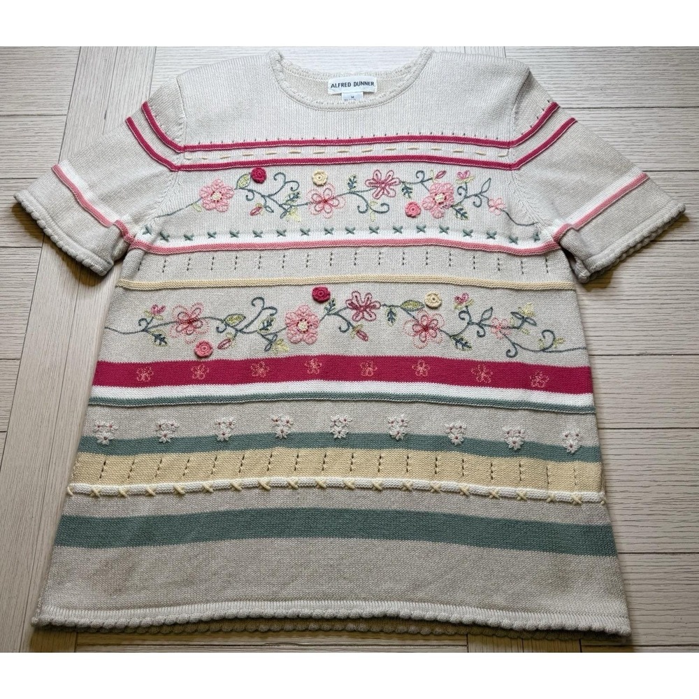 VTG Alfred Dunner Sz M Ramie Cotton Short Sleeve Embroidered Sweater Cottagecore